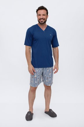 02 pijama curto meia manga masculino listras com navio