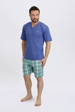 02 pijama curto meia manga masculino xadrez azul e verde