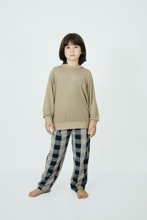 02 pijama longo manga longa xadrez bege e preto menino