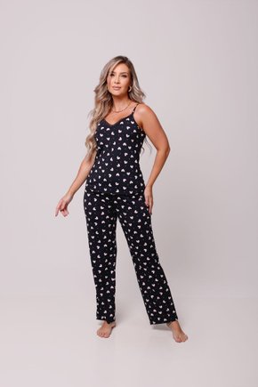 01 pijama longo com alca preto com coracoes
