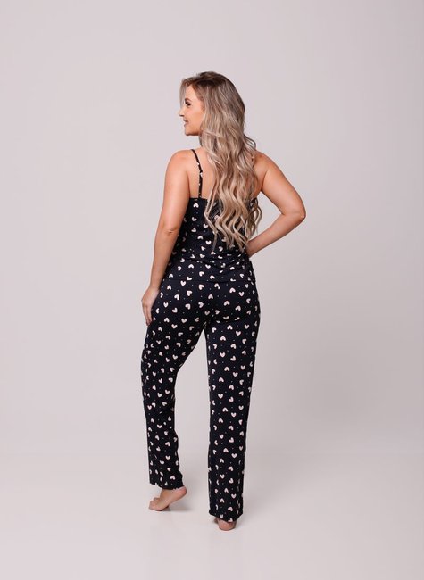 03 pijama longo com alca preto com coracoes