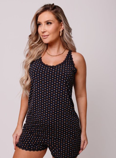 01 pijama curto regata liganete preto com estrelas