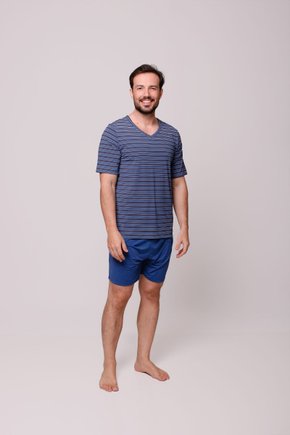 01 pijama curto meia manga masculino listras azuis