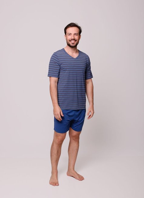 01 pijama curto meia manga masculino listras azuis