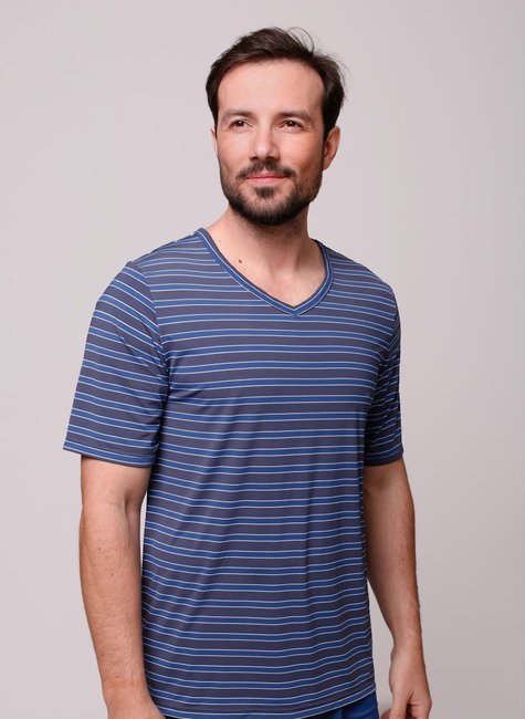 02 pijama curto meia manga masculino listras azuis