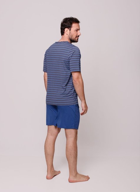 03 pijama curto meia manga masculino listras azuis