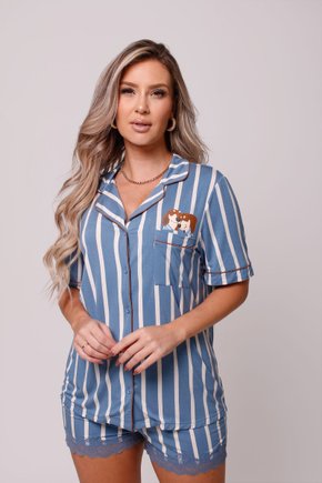 01 pijama curto meia manga americano feminino listras azuis